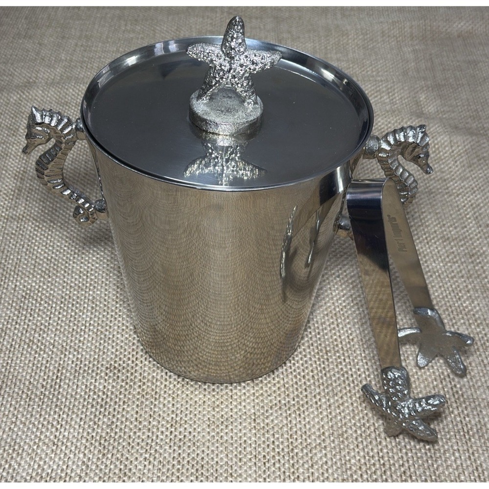 Pier 1‎ Starfish Ice Bucket Seahorse Stainless Steel Lid Ice Tongs Coastal Decor